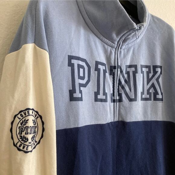 PINK Victoria’s Secret Navy Blue Color Blocked Zippered Sweatshirt Spell Out - Picture 3 of 6